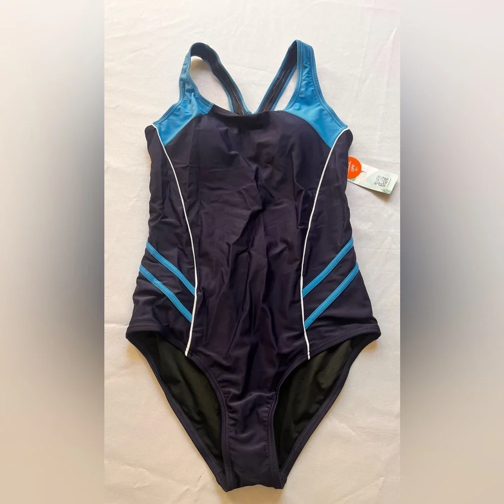 NWT Classic One-Piece Swimsuit in Navy Aqua Accents Medium Resort Cruise Vacay